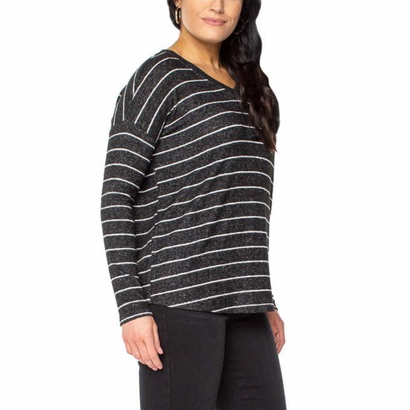 Well Worn Ladies' V-Neck Top Black with White Stripe - Picture 3 of 4